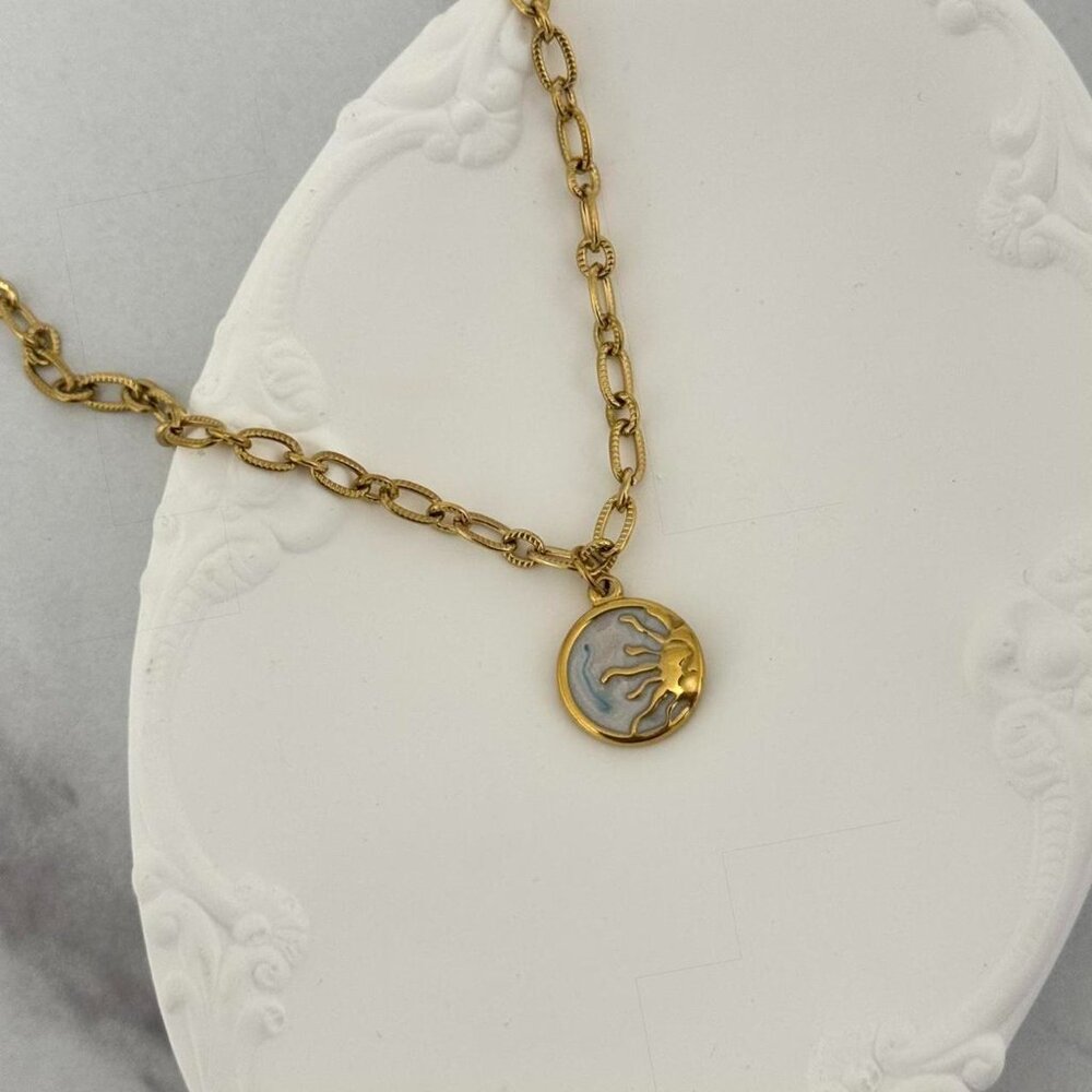 Sku 0437 vintage gold chain necklace With moon stone pendant sun stainless steel